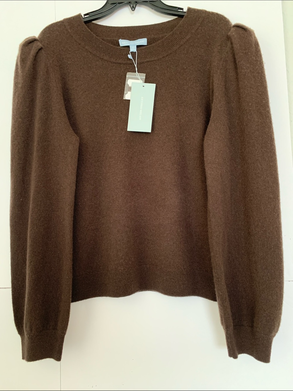 NWT ANTONIO MELANI Chocolate Lisa Puff-Sleeve Crewneck Sweater Size L